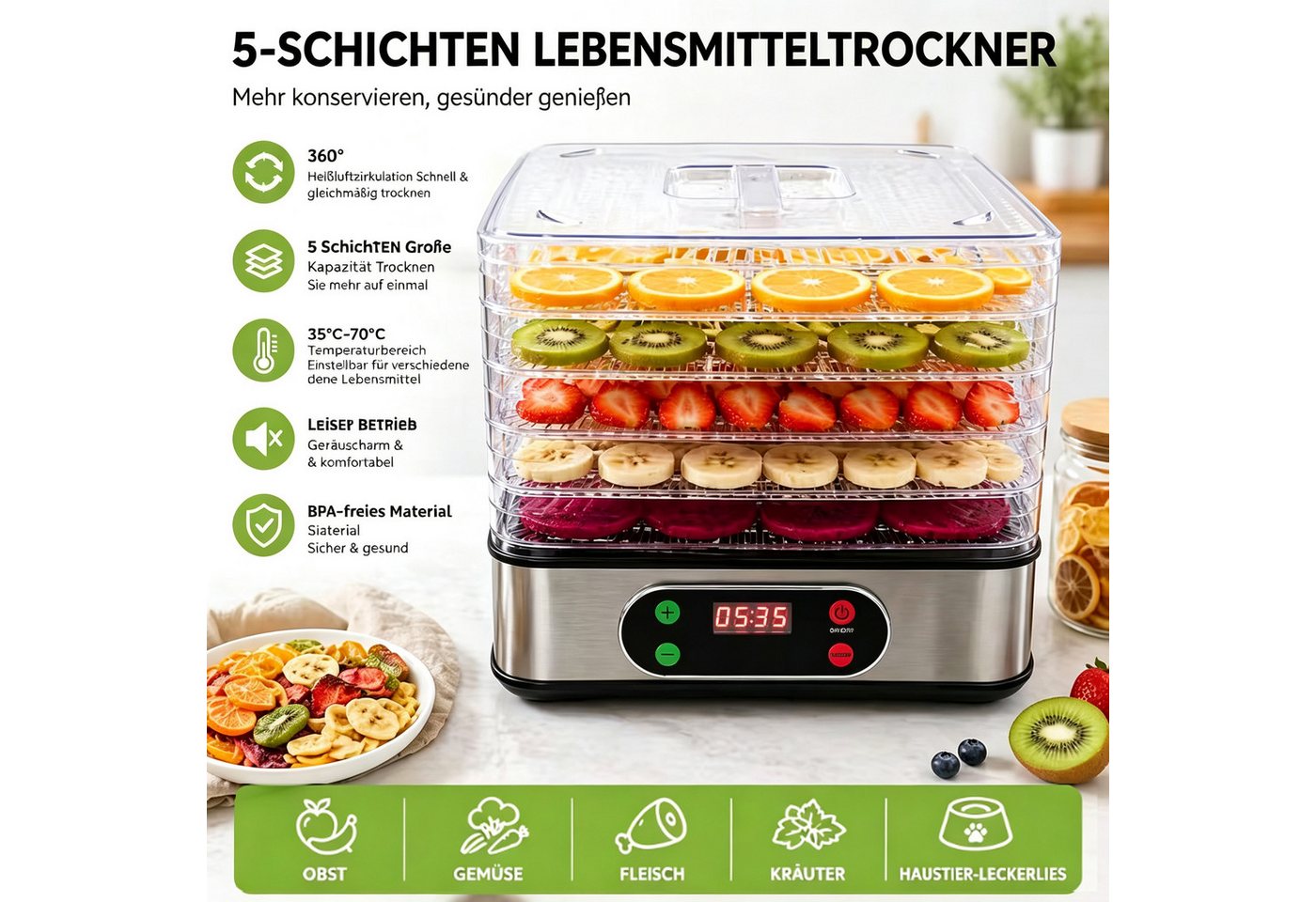 ibettertec Dörrautomat Dörrautomat Dörrgerät mit 5 Etagen, Dehydrator bis 72h-Timer 35-70°C 350 W, 5 Etagen, BPA-frei, Spülmaschinengeeignete Teile, für Obst, G – Bild 2 von 5