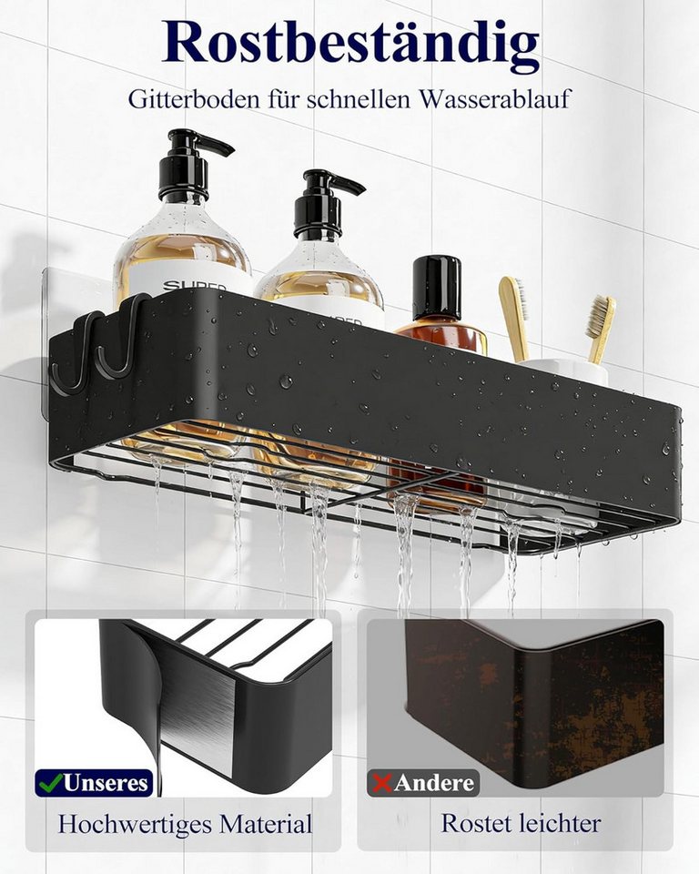 ibettertec Duschregal Duschablage ohne Bohren 2er Set, rostfreies Badregal mit 4 Haken, Duschablage ohne Bohren 2er Set, schwarzes rostfreies Badregal selbstkle – Bild 4 von 5