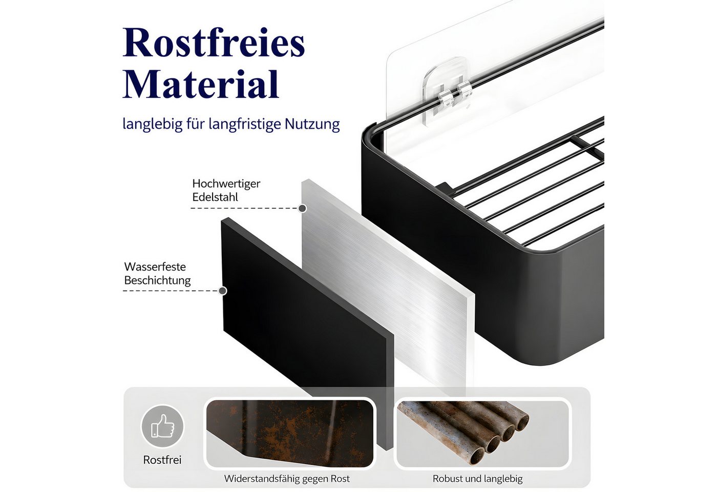 ibettertec Duschregal Duschablage ohne Bohren 2er Set, rostfreies Badregal mit 4 Haken, Duschablage ohne Bohren 2er Set, schwarzes rostfreies Badregal selbstkle – Bild 5 von 5