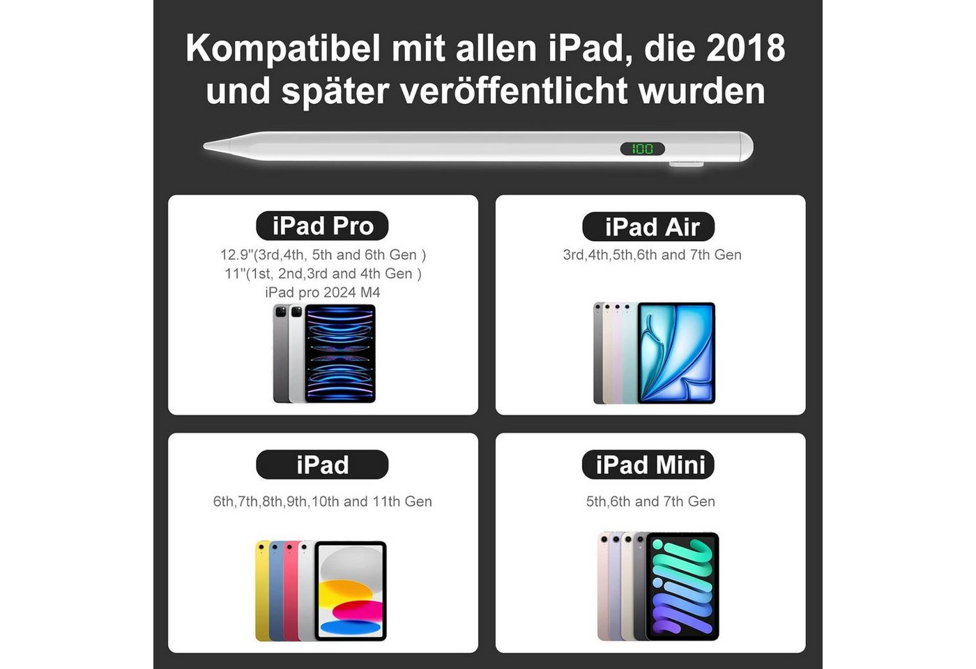 ibettertec Eingabestift Stylus Pen für Touchscreen, Aktiver Universal Stylus Stift (Palm Rejection und Neigungssensitivität für iPad Pro 13''/12,9''/11''/ i-Pad – Bild 2 von 5