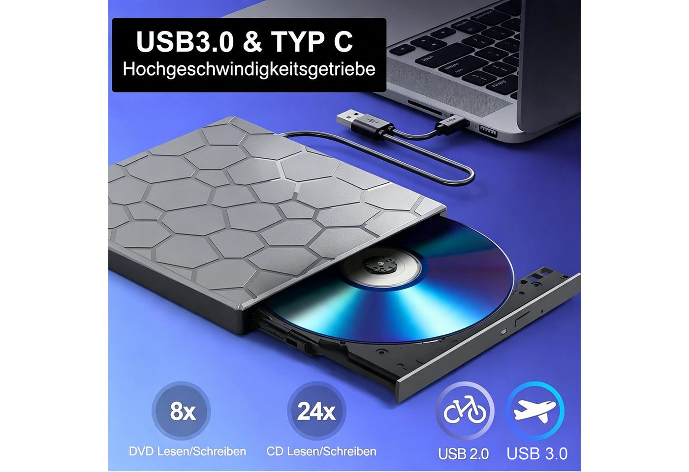 ibettertec Externes DVD Laufwerk, CD-Brenner mit 4 USB & 1 TF/SD-Steckplätze DVD-Brenner (Optical External DVD Drive für Laptop, PC, Desktop, MacBook, iMac) – Bild 2 von 5