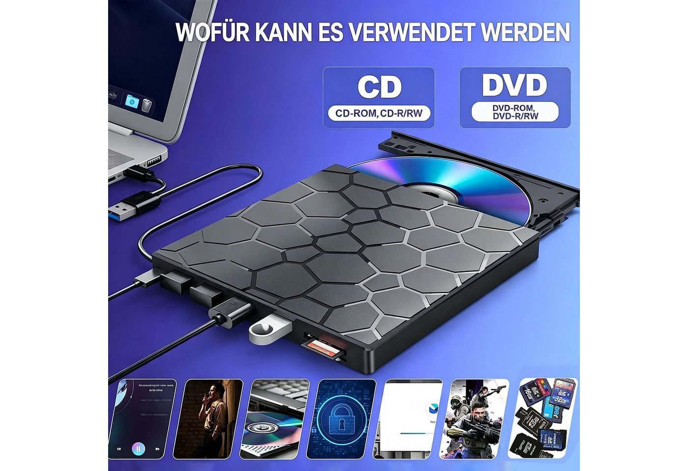 ibettertec Externes DVD Laufwerk, CD-Brenner mit 4 USB & 1 TF/SD-Steckplätze DVD-Brenner (Optical External DVD Drive für Laptop, PC, Desktop, MacBook, iMac) – Bild 4 von 5