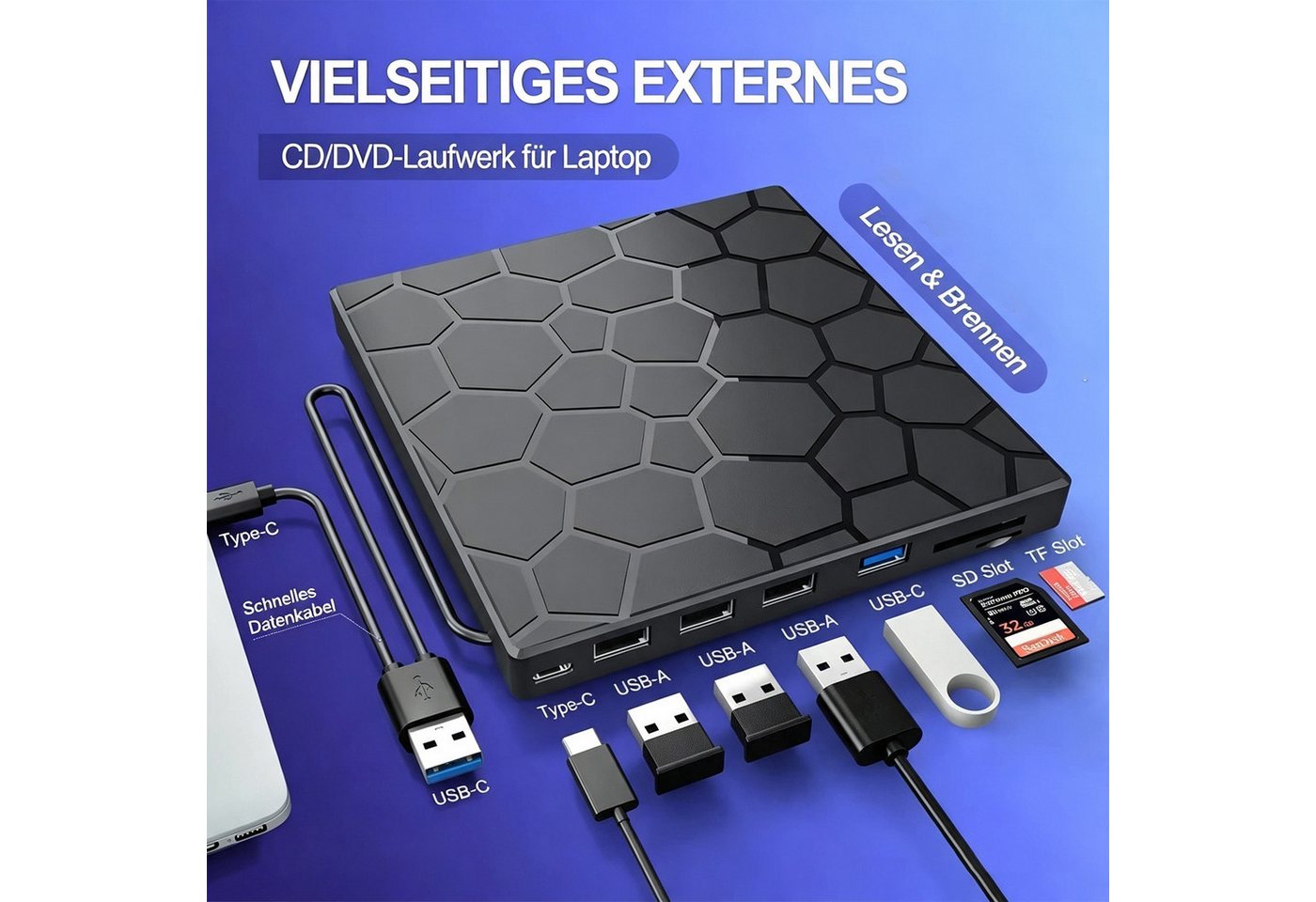 ibettertec Externes DVD Laufwerk, CD-Brenner mit 4 USB & 1 TF/SD-Steckplätze DVD-Brenner (Optical External DVD Drive für Laptop, PC, Desktop, MacBook, iMac) – Bild 5 von 5