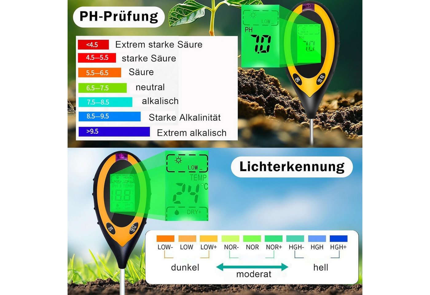ibettertec Feuchtigkeitsmesser Bodentester, Boden PH-Messer, 4 in 1 Bodenmessgerät Feuchtigkeit, (Fruchtbarkei, Boden-Feuchtigkeitsmessgerät, Bodentest Messgerä – Bild 3 von 5