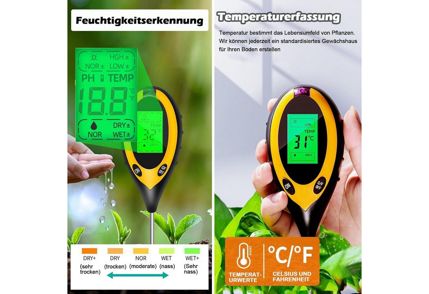 ibettertec Feuchtigkeitsmesser Bodentester, Boden PH-Messer, 4 in 1 Bodenmessgerät Feuchtigkeit, (Fruchtbarkei, Boden-Feuchtigkeitsmessgerät, Bodentest Messgerä – Bild 4 von 5