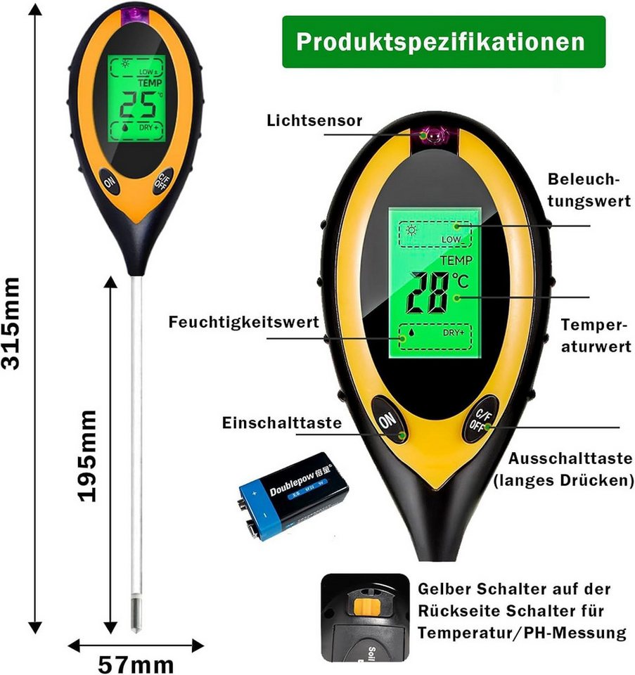 ibettertec Feuchtigkeitsmesser Bodentester, Boden PH-Messer, 4 in 1 Bodenmessgerät Feuchtigkeit, (Fruchtbarkei, Boden-Feuchtigkeitsmessgerät, Bodentest Messgerä – Bild 5 von 5