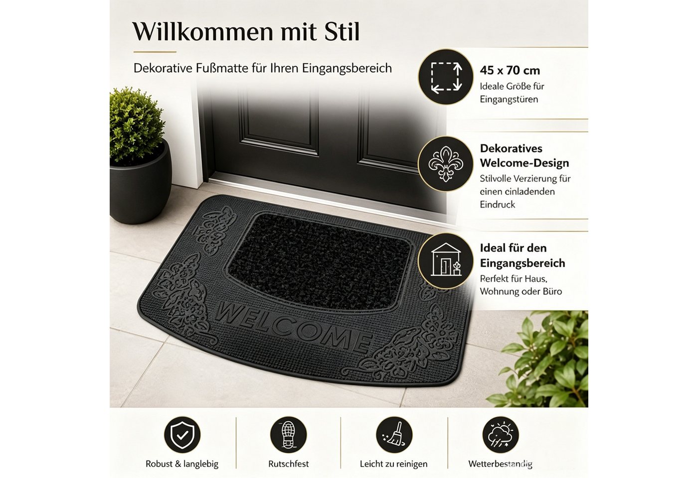ibettertec Fußmatte Fußmatte Kokos-Gummi halbrund, Natur, Garten/Innen, rutschf., wetterf, Wetterfest & UV-beständigLuftdurchlässigSchimmelbeständig – Bild 2 von 5