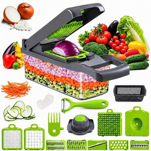 ibettertec Gemüseschneider Gemüsehobel, 16-in-1 Multischneider mit Auffangbehälter, Mandoline, platzsparend, zum effektiven & einfachen Kochen