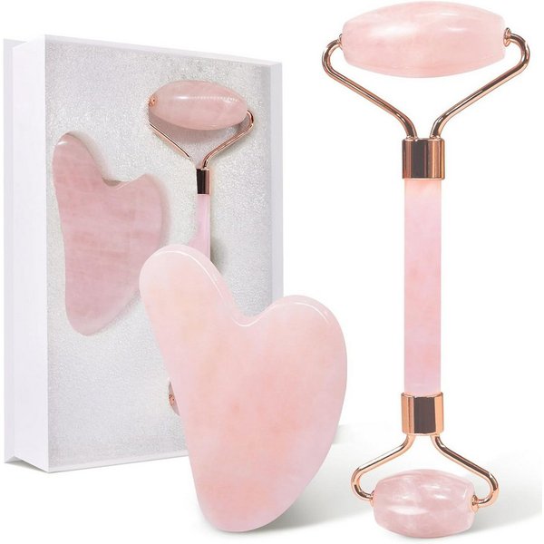 ibettertec Gesichtsmassagegerät Gua Sha Stein mit Gesichtsroller, 2-teiliges Gua Sha Set, Rosenquarz Doppelender Gesichtsroller + Gua Sha, Jade Roller & Gesicht