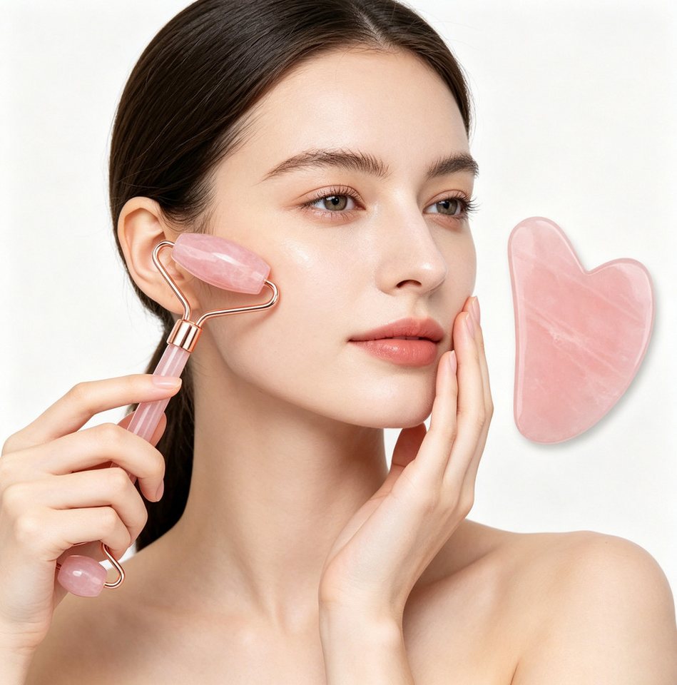 ibettertec Gesichtsmassagegerät Gua Sha Stein mit Gesichtsroller, 2-teiliges Gua Sha Set, Rosenquarz Doppelender Gesichtsroller + Gua Sha, Jade Roller & Gesicht – Bild 4 von 5