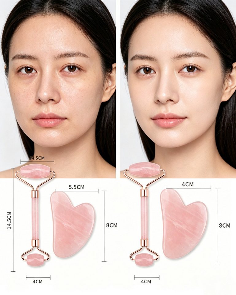 ibettertec Gesichtsmassagegerät Gua Sha Stein mit Gesichtsroller, 2-teiliges Gua Sha Set, Rosenquarz Doppelender Gesichtsroller + Gua Sha, Jade Roller & Gesicht – Bild 5 von 5