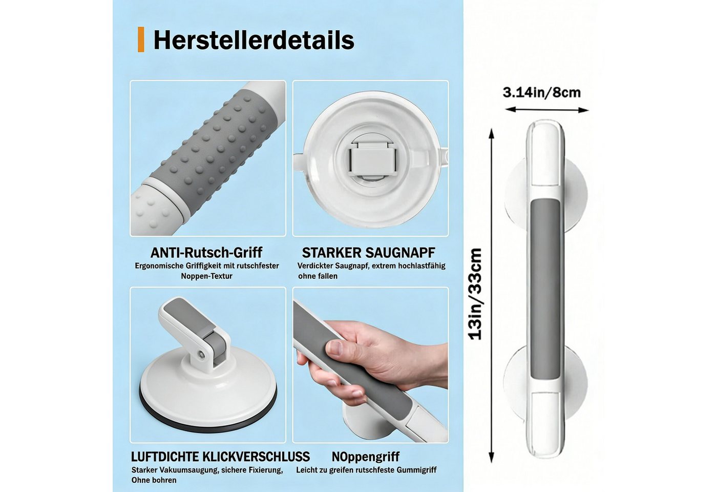 ibettertec Haltegriff Haltegriff mit Saugnapf Duschgriff Dusche ohne Bohren für Senioren, Badewannengriff ohne Bohren, Duschgriff mit Saugnapf, Sauggriff Bad – Bild 3 von 5