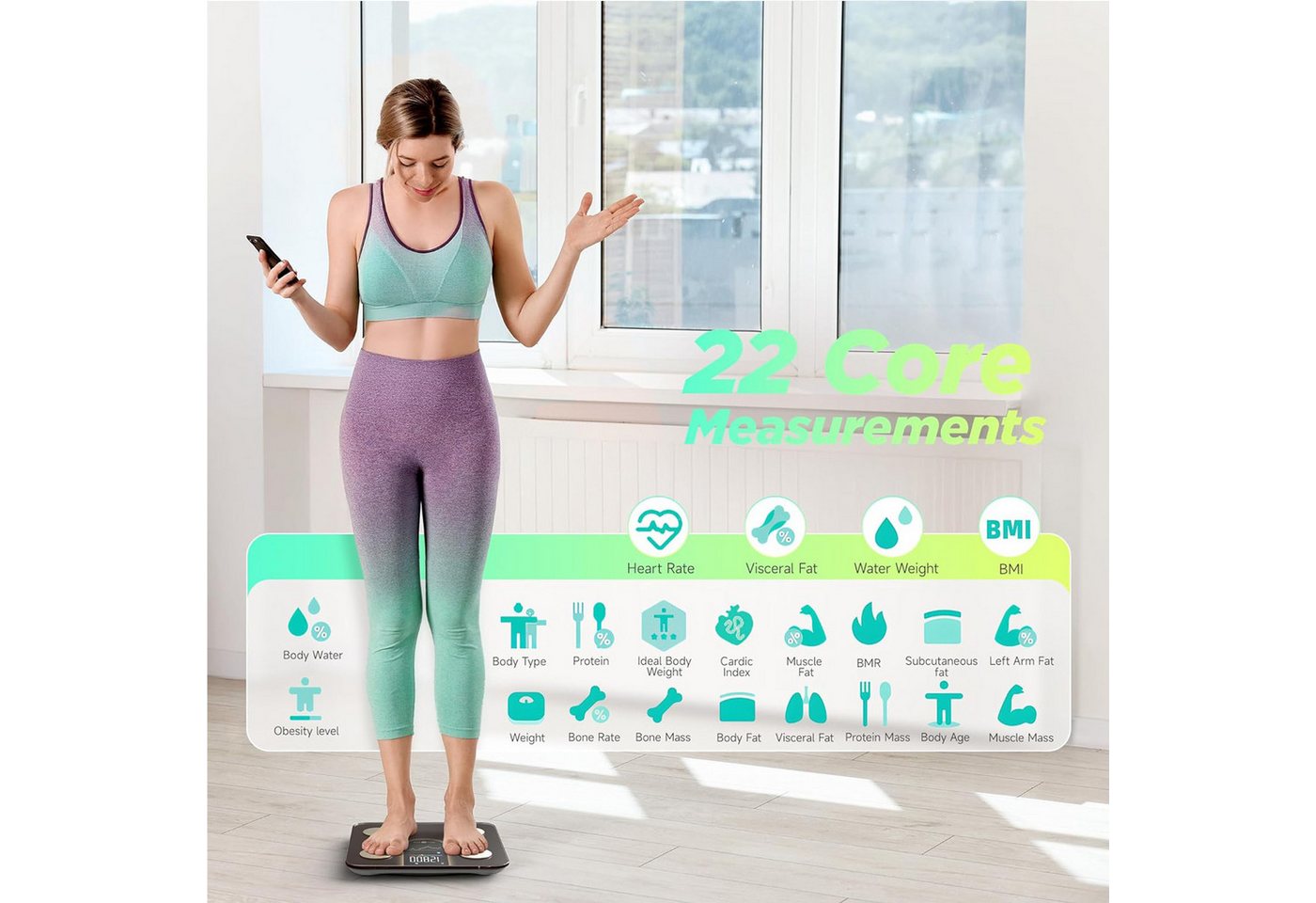 ibettertec Körper-Analyse-Waage Digitale Bluetooth Waage für Personen, Körperfettwaage, mit App zur Übertragung und Tracking der Messwerte, Full Body Scan, BMI, – Bild 2 von 5