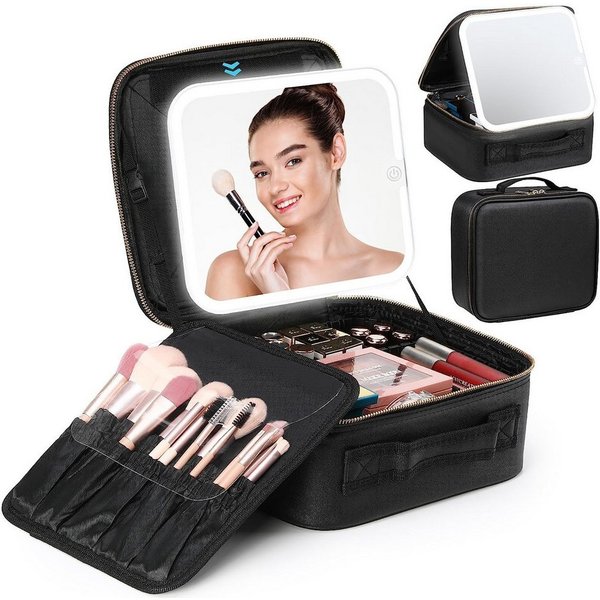 ibettertec Kosmetiktasche Kosmetiktasche mit Beleuchtetem Spiegel,Make Up Tasche (mit 3 Farbe LED Licht,Schminktasche mit verstellbaren Trennwänden,Reise Kosmet