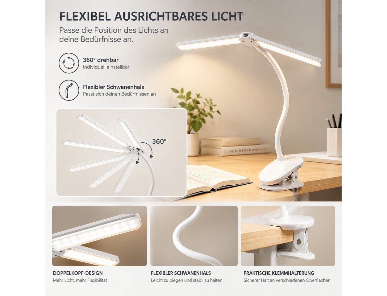 ibettertec LED Leselampe Leselampe Bett, LED Klemmlampe Bett mit Touch Dimmbar, 360° Flexibel Leselampe USB Wiederaufladbare, Klemmleuchte Bettlampe für Studier – Bild 5 von 5