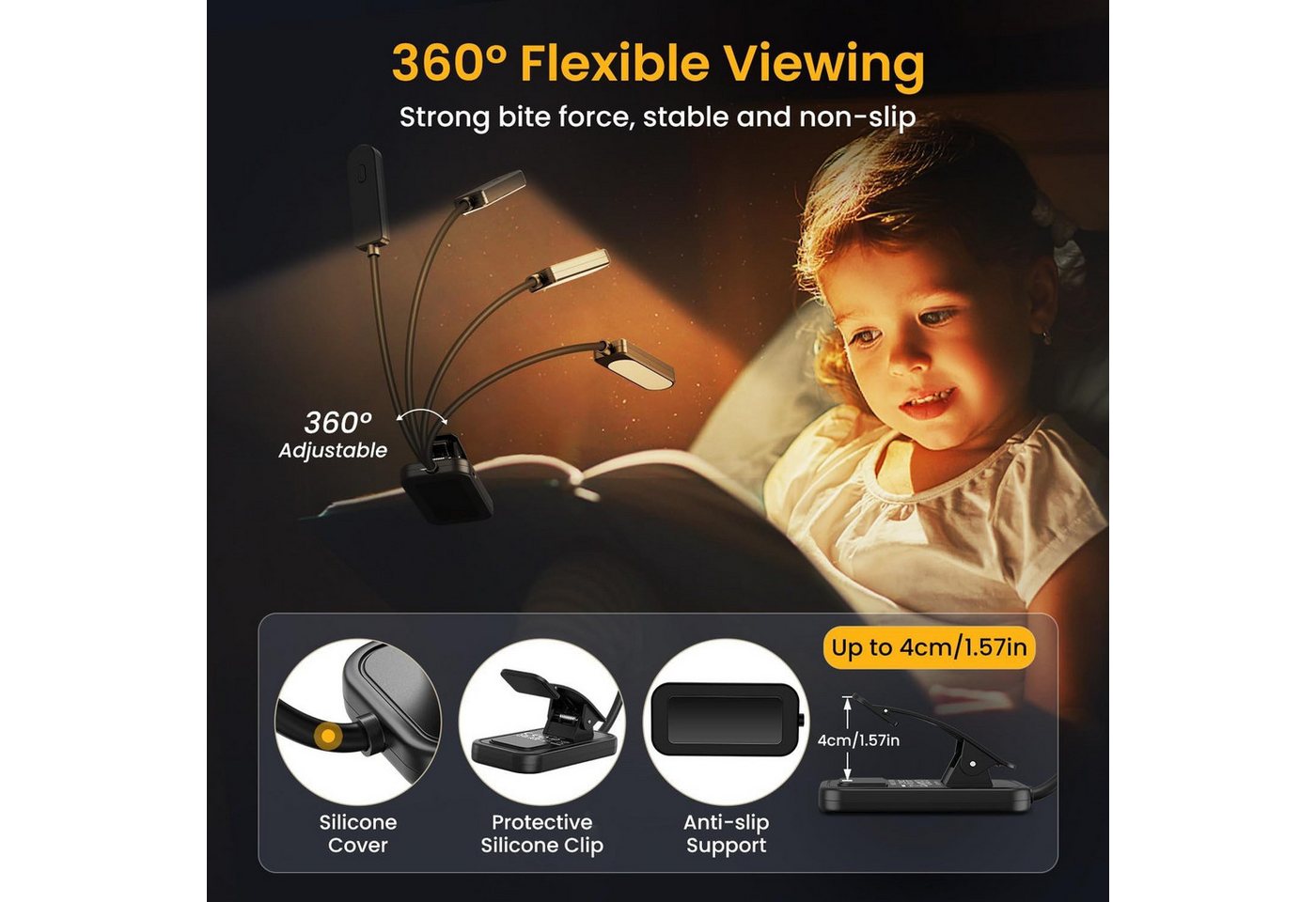 ibettertec LED Leselampe mit 3 Farbtemperatur Modi 5 Helligkeitsstufen, 360° Flexibel Leselicht für Nachtlesen ins Bett 80H lange Akkulaufzeit, Dauerbeleuchtung – Bild 2 von 5