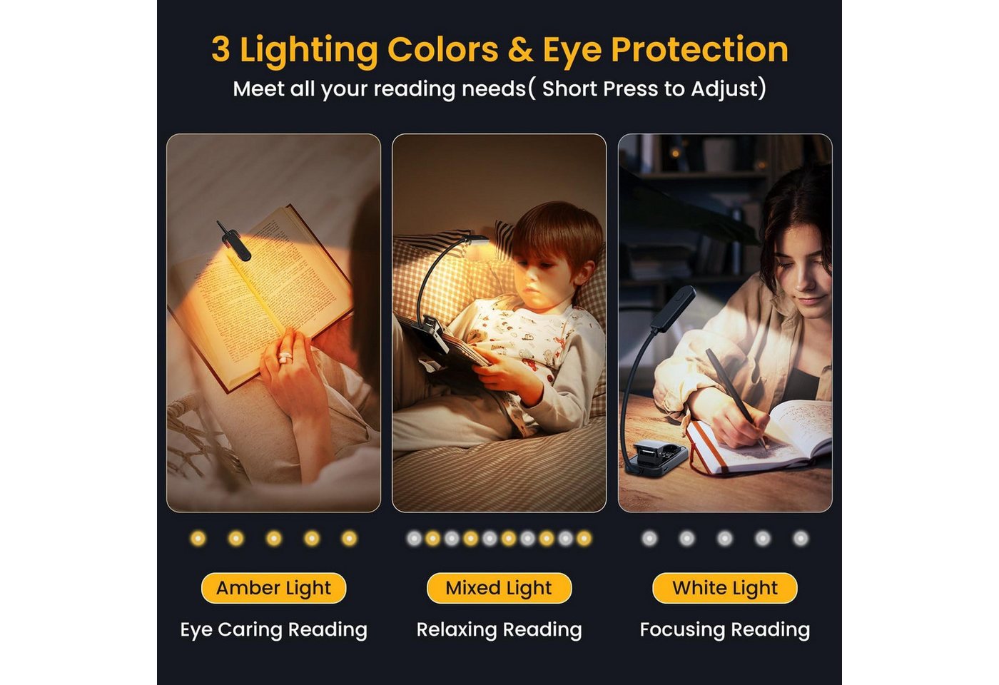 ibettertec LED Leselampe mit 3 Farbtemperatur Modi 5 Helligkeitsstufen, 360° Flexibel Leselicht für Nachtlesen ins Bett 80H lange Akkulaufzeit, Dauerbeleuchtung – Bild 3 von 5
