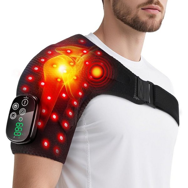 ibettertec Massagegerät Schulter Massagegerät mit Rotlicht und Vibrationsmassage, Kabellose Rotlicht Schulterbandage mit 660nm & 850nm LED-Licht, 5000mAh Akku, 