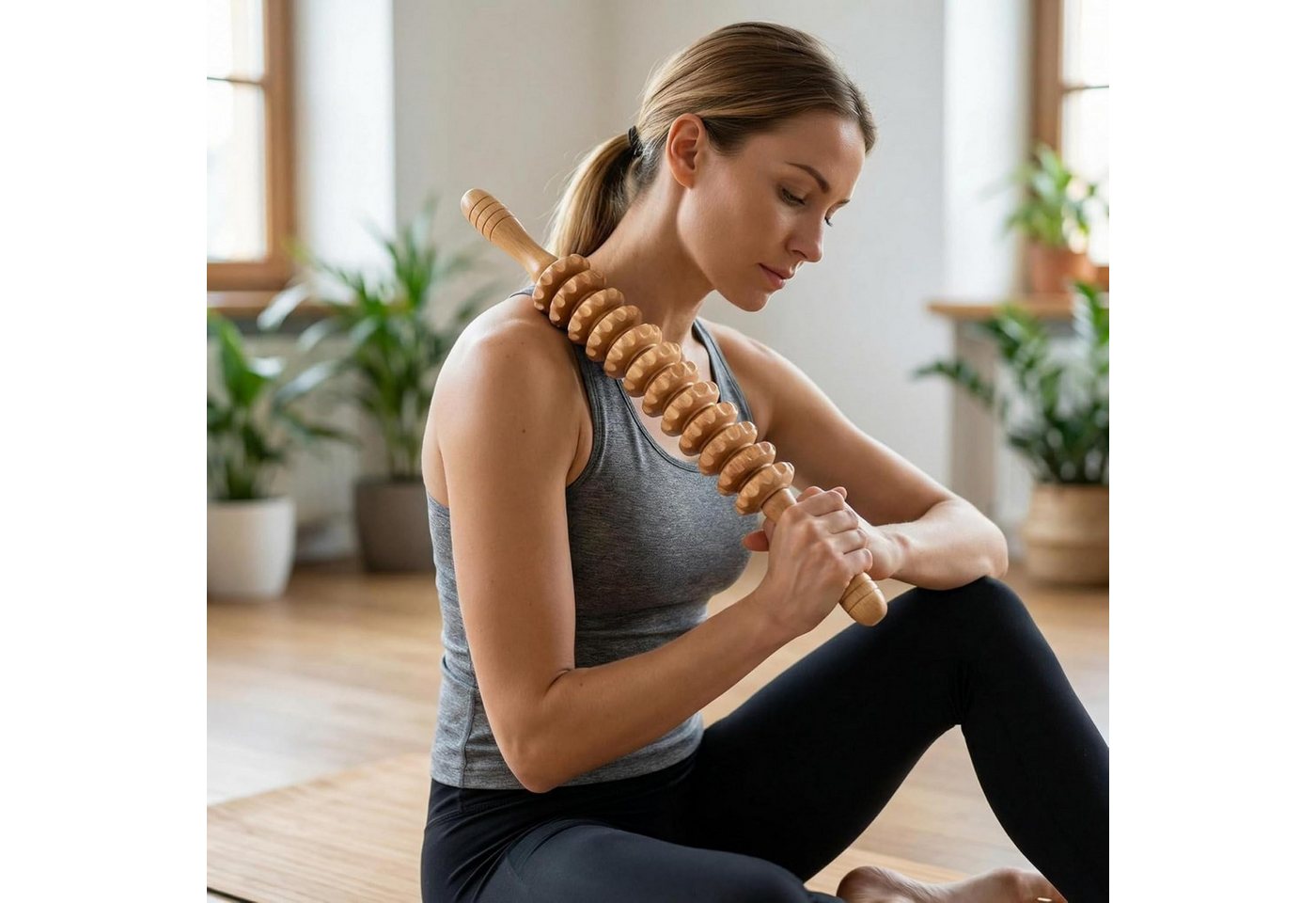 ibettertec Massageroller Holz Massageroller mit Griff, Anti Cellulite Faszienrolle 42cm, Faszienrolle Holz Massagegerät, Faszienstab Roller Wood, Massageroller  – Bild 3 von 5