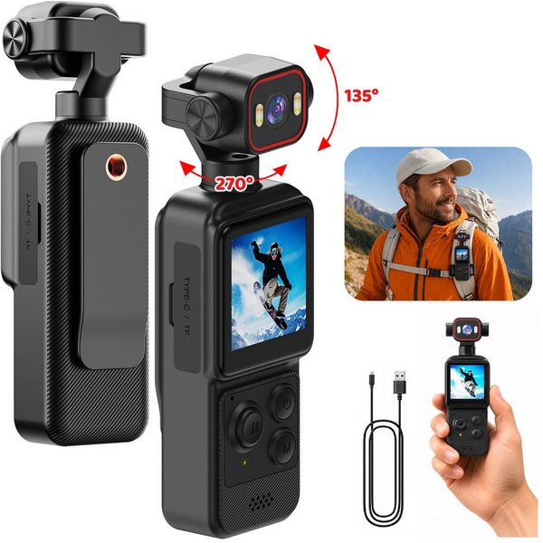 ibettertec Mini-Clipkamera,mit 140° Weitwinkel, 135°/270° drehbarem Objektiv Action Cam (KI-Tracking, 2 LED-Lichtern, 1,54-Zoll-Display, 1200-mAh-Akku, App-Fern