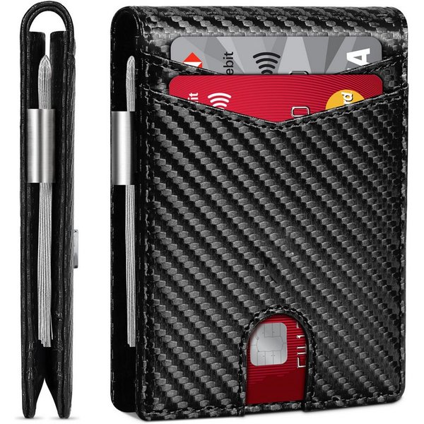 ibettertec Mini Geldbörse Geldbörse Herren Slim Wallet RFID Blocking Kohlefaserleder (Portmonee Herren mit 11 Kartenetui, Ausweisfenster, Geldscheinklammer, Min