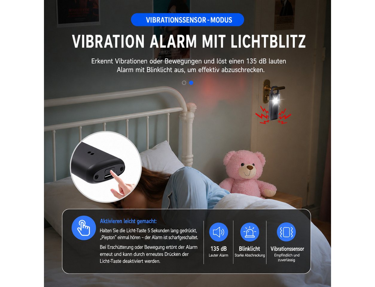 ibettertec Personenalarm, Schlüsselanhänger 135 dB, LED Licht Überfallmelder Alarmanlage (Taschenalarm, Sirene,Taschenlampe, kompakt, für Frauen, Kinder, Senior – Bild 4 von 5