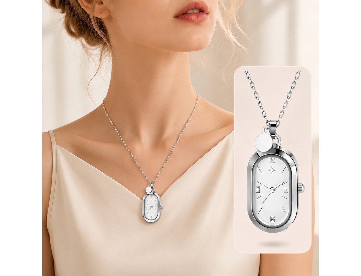 ibettertec Quarzuhr Damenuhr,Kette mit Anhänger,Damenhalskette mit Uhr, (Schmuck, Geschenk, für Damen,Länge verstellbar), Edelstahlkette,Damenuhr,Elegante Uhren – Bild 2 von 5