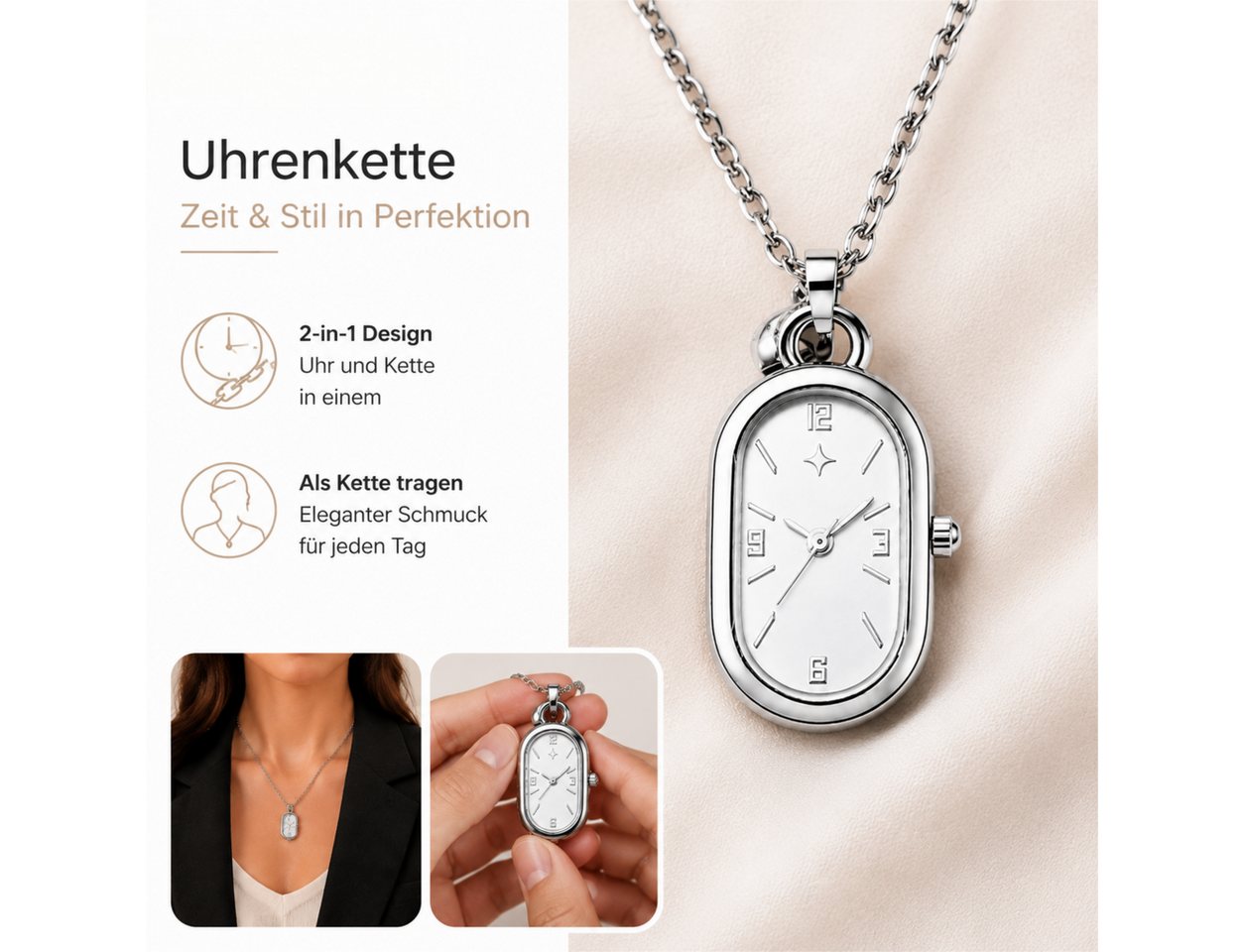 ibettertec Quarzuhr Damenuhr,Kette mit Anhänger,Damenhalskette mit Uhr, (Schmuck, Geschenk, für Damen,Länge verstellbar), Edelstahlkette,Damenuhr,Elegante Uhren – Bild 3 von 5