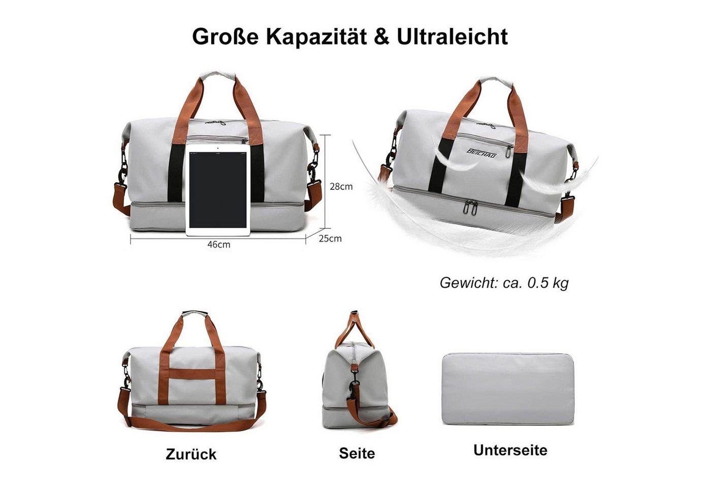 ibettertec Reisetasche Fitnesstasche,Sporttasche,Große Umhängetasche mit Schuhfach&Nassfach (Atmungsaktiv, wasserdicht, verschleißfest, großes Fassungsvermögen) – Bild 2 von 5