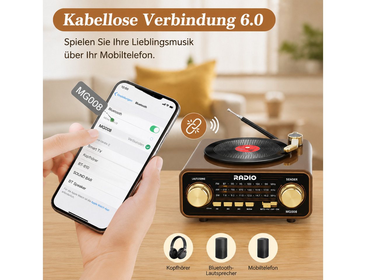 ibettertec Retro Radio mit Bluetooth 6.0, Tischradio Holz mit TF Karte MP3 Player Radio (Klassisches Holzdesign mit moderner Technik – kabellose Musik, vielseit – Bild 4 von 5