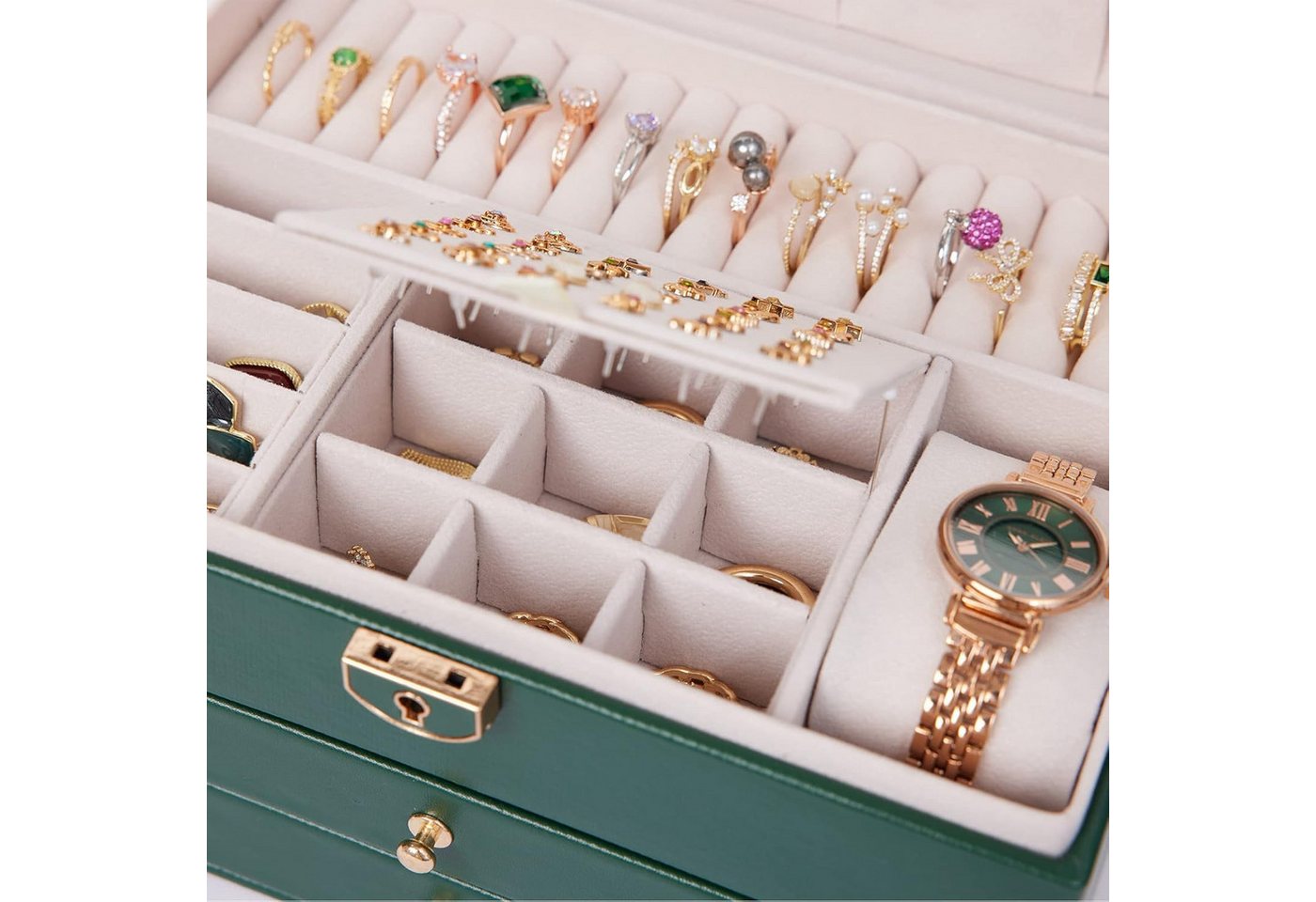 ibettertec Schmuckkasten Schmuckschatulle, dreilagige PU-Leder-Aufbewahrungsbox für Ringe (Ausgestattet mit einem Privatsphäre-Schloss und Schlüssel Ein neuer b – Bild 3 von 5