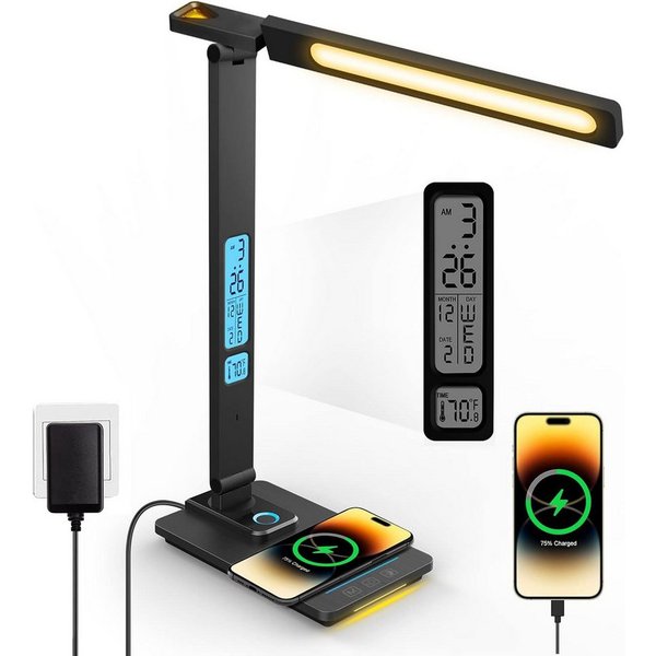 ibettertec Schreibtischlampe Schreibtischlampe, LED Schreibtischlampe, LED Tischlampe Dimmbar, Drahtlose Ladefunktion, LED fest integriert, Tageslichtweiß, warm
