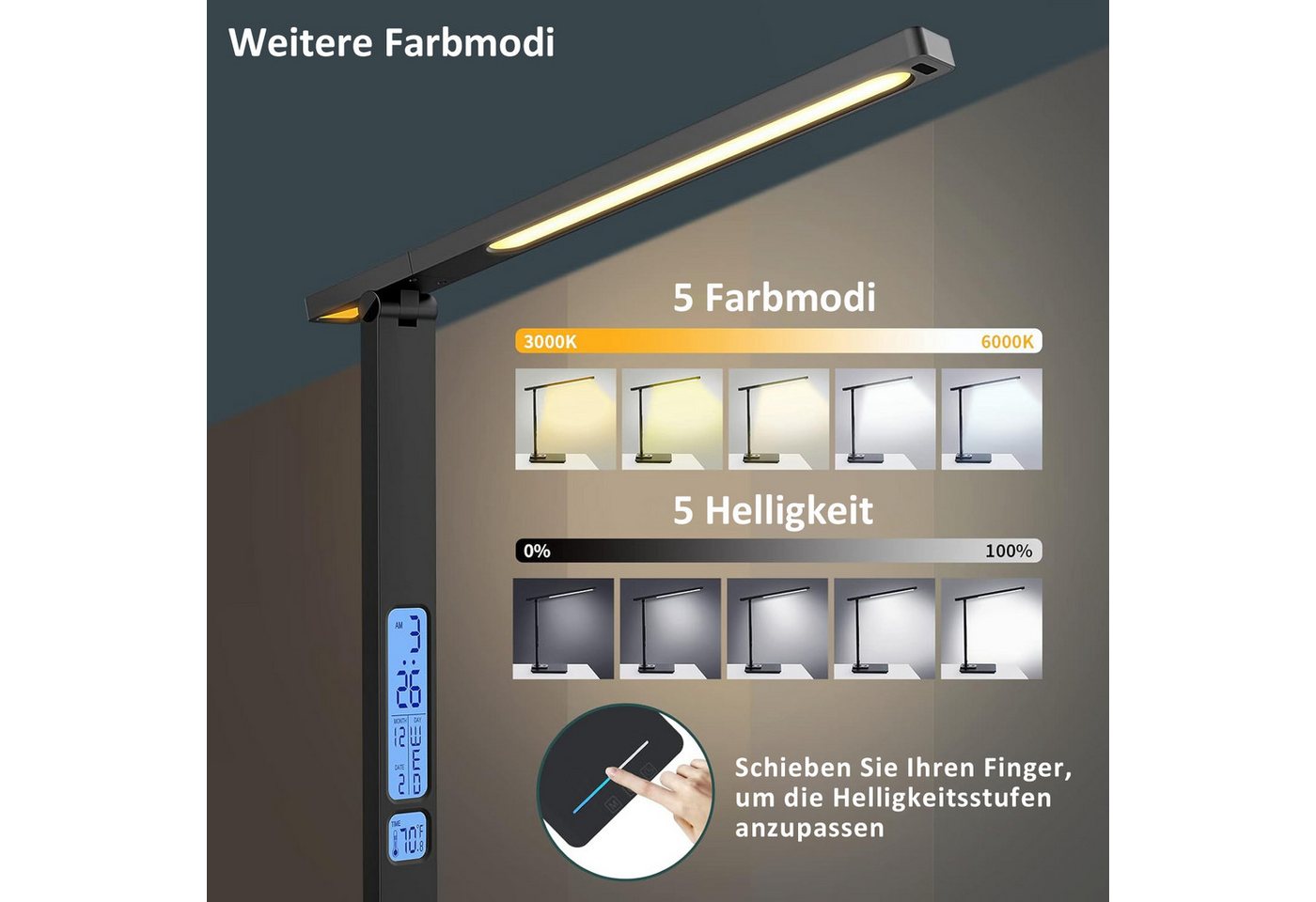 ibettertec Schreibtischlampe Schreibtischlampe, LED Schreibtischlampe, LED Tischlampe Dimmbar, Drahtlose Ladefunktion, LED fest integriert, Tageslichtweiß, warm – Bild 2 von 5