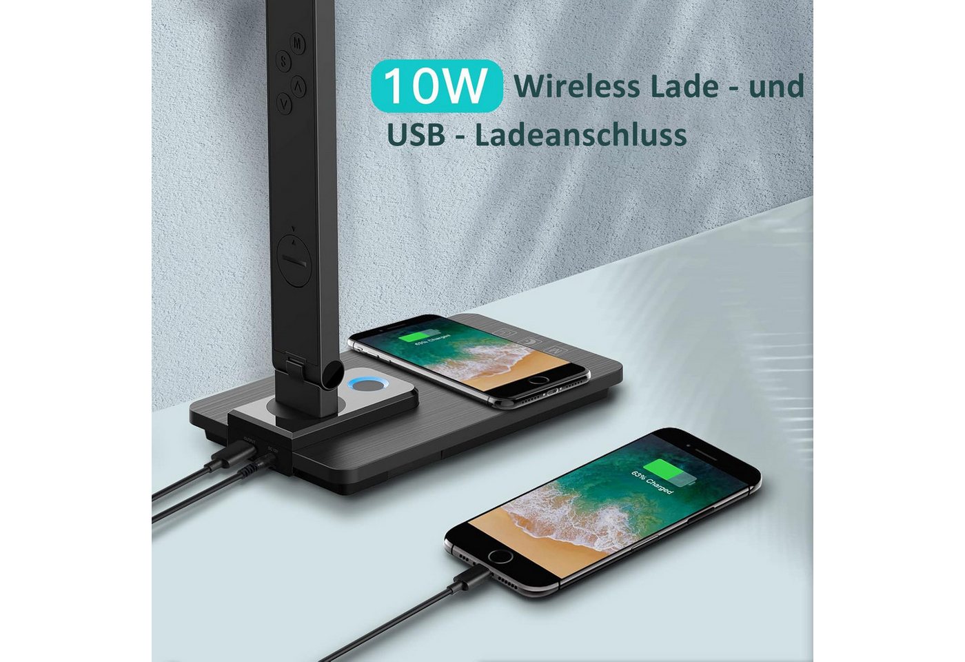 ibettertec Schreibtischlampe Schreibtischlampe, LED Schreibtischlampe, LED Tischlampe Dimmbar, Drahtlose Ladefunktion, LED fest integriert, Tageslichtweiß, warm – Bild 3 von 5