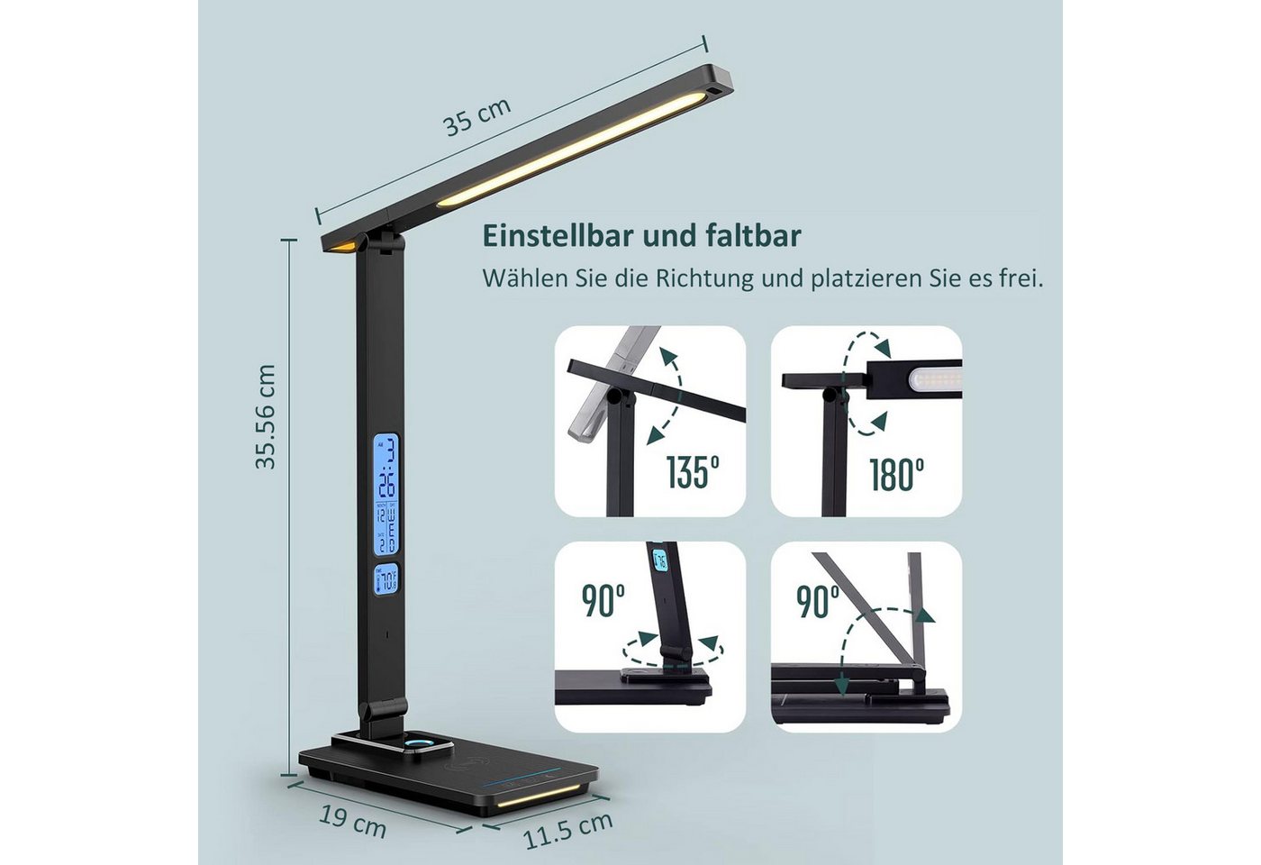 ibettertec Schreibtischlampe Schreibtischlampe, LED Schreibtischlampe, LED Tischlampe Dimmbar, Drahtlose Ladefunktion, LED fest integriert, Tageslichtweiß, warm – Bild 5 von 5