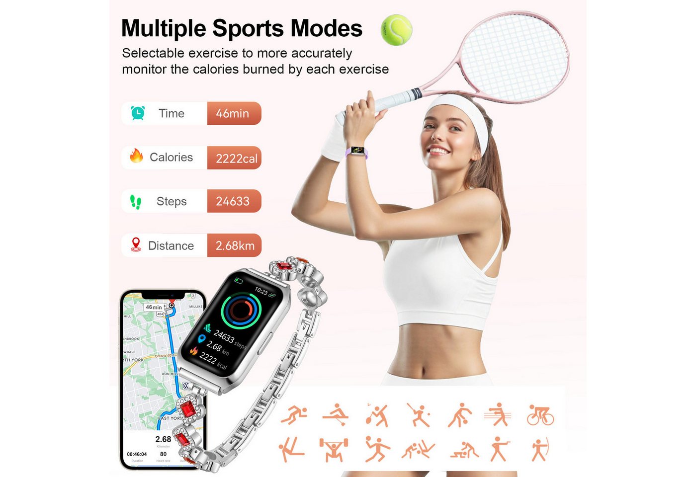 ibettertec Smartwatch Damen,Neue Fitness Tracker Uhr Smartwatch (Smartwatch Fitness Tracker Uhr IP68 Wasserdicht,1.7" HD Voll Touchscreen Fitnessuhr Tracker mit – Bild 5 von 5