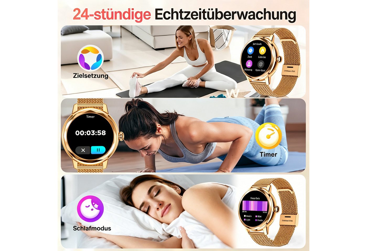 ibettertec Smartwatch Damen, mit Anruffunktion Smartwatch (Fitnessuhr mit Telefonfunktion/WhatsApp Notiz,Smartwatch Fitness Tracker Uhr IP68 Wasserdicht,1.2" HD – Bild 4 von 5
