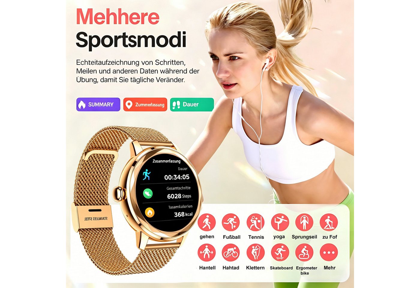 ibettertec Smartwatch Damen, mit Anruffunktion Smartwatch (Fitnessuhr mit Telefonfunktion/WhatsApp Notiz,Smartwatch Fitness Tracker Uhr IP68 Wasserdicht,1.2" HD – Bild 5 von 5