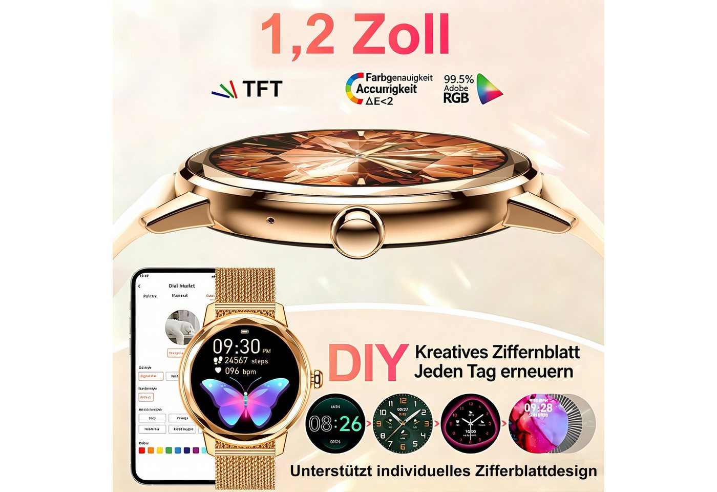 ibettertec Smartwatch Damen, mit Anruffunktion Smartwatch (Fitnessuhr mit Telefonfunktion/WhatsApp Notiz,Smartwatch Fitness Tracker Uhr IP68 Wasserdicht,1.2" HD – Bild 2 von 5