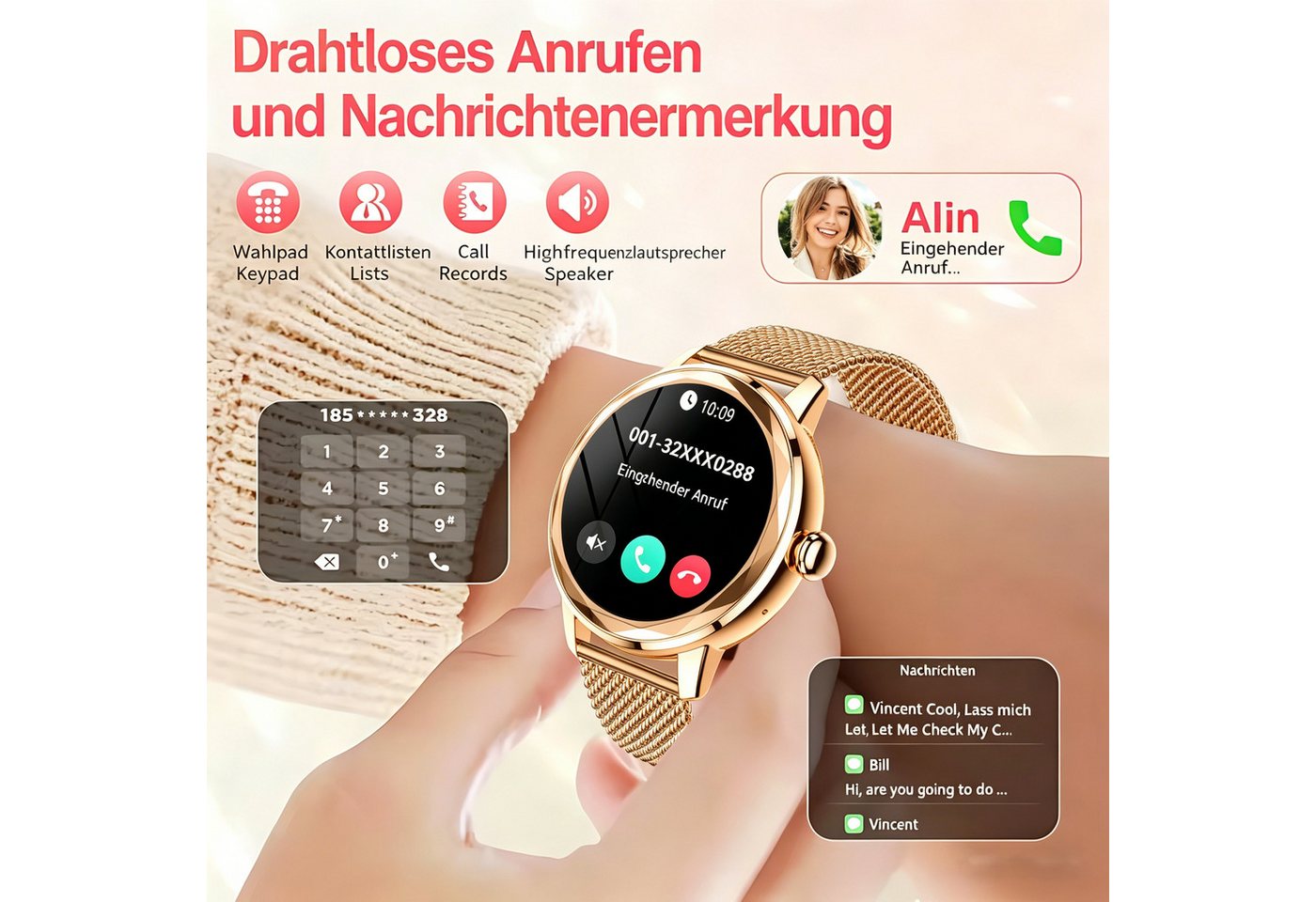 ibettertec Smartwatch Damen, mit Anruffunktion Smartwatch (Fitnessuhr mit Telefonfunktion/WhatsApp Notiz,Smartwatch Fitness Tracker Uhr IP68 Wasserdicht,1.2" HD – Bild 3 von 5