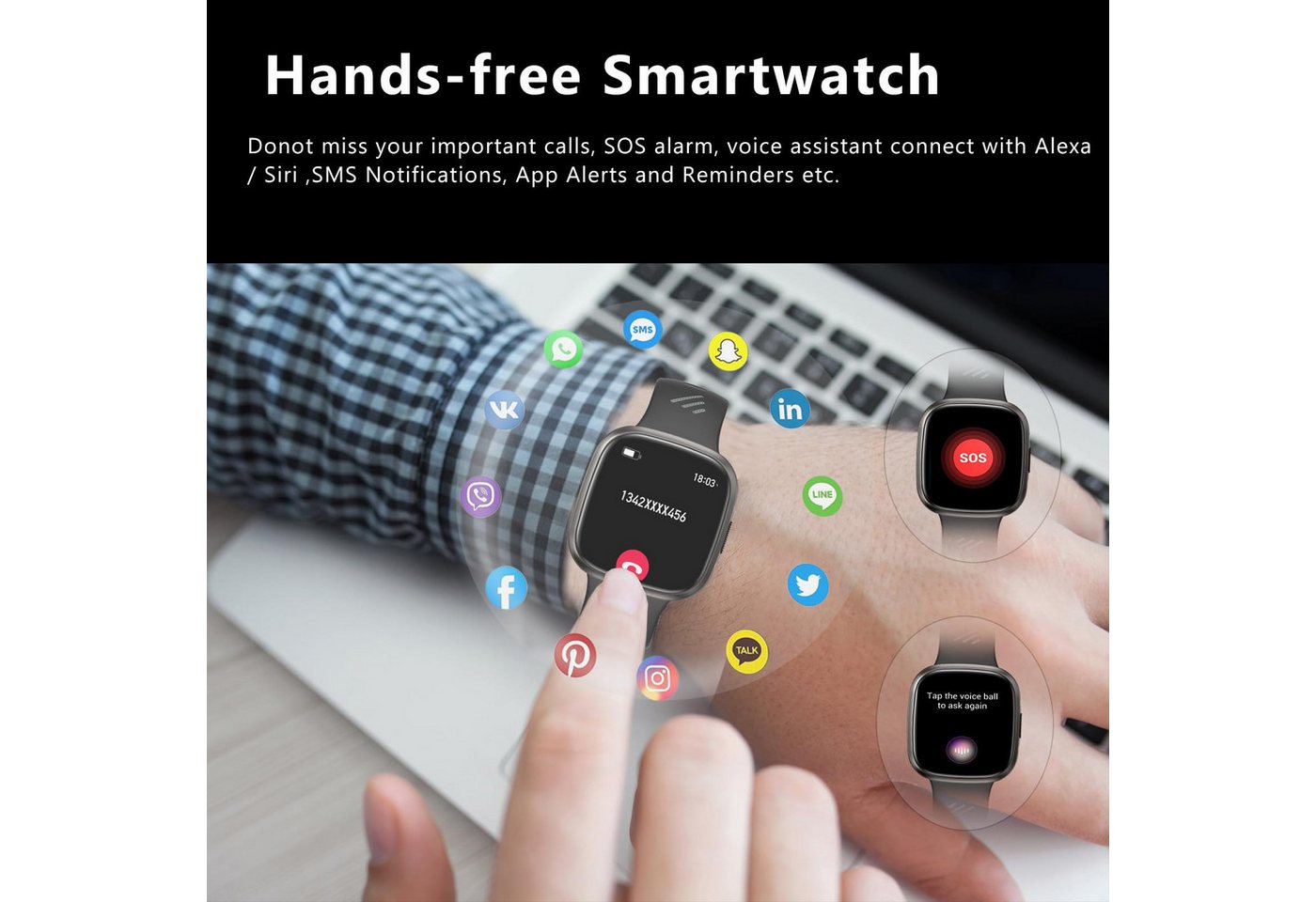 ibettertec Smartwatch Damen Herren, 1,72" HD Touch Fitnessuhr mit Telefonfunktion Smartwatch Smart Watch Fitness Tracker Uhr mit Pulsmesser, Schlafmonitor Schri – Bild 4 von 5
