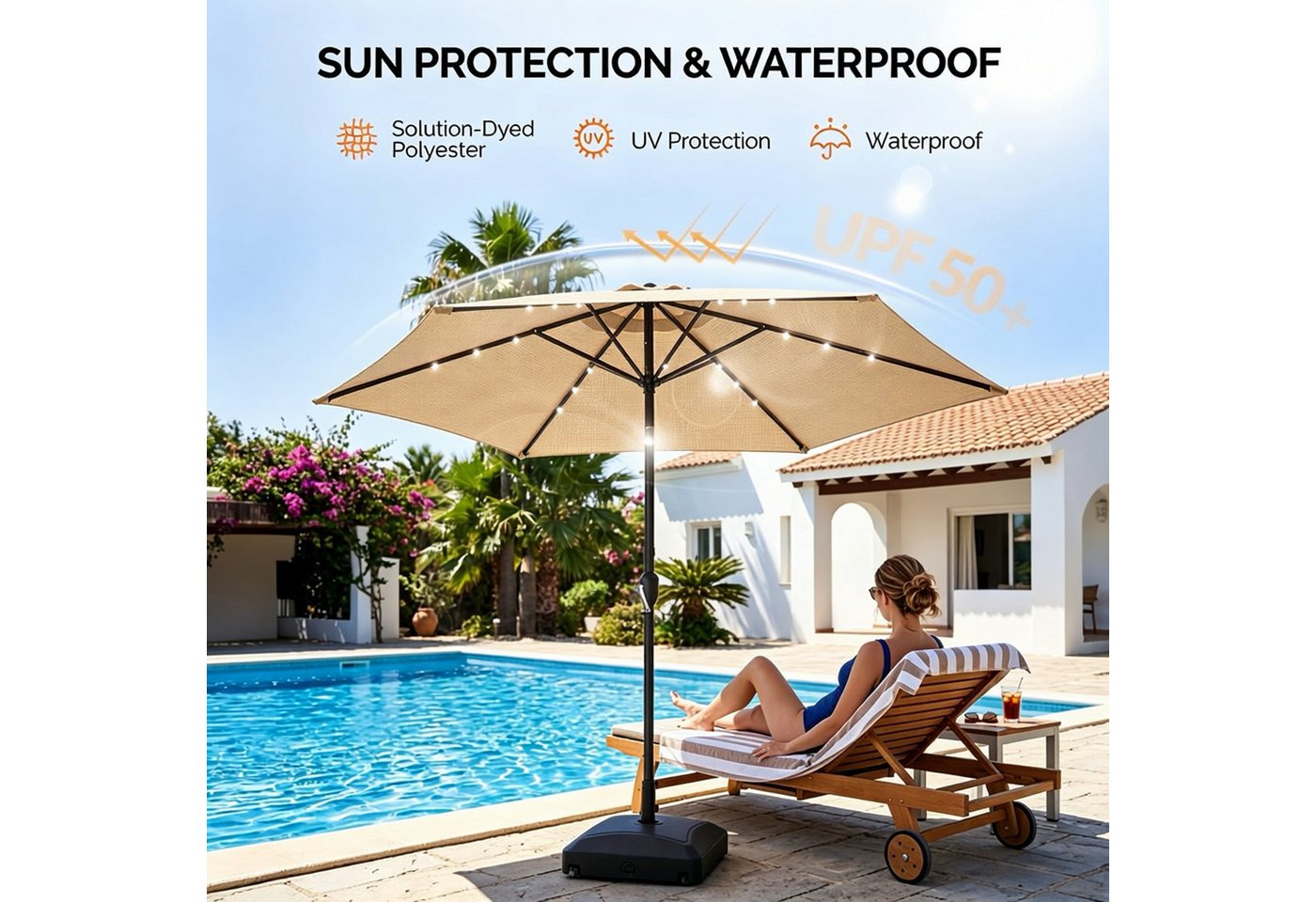 ibettertec Sonnenschirm Stabiler Marktschirm mit LED-Lichtern für Garten, Terrasse und Balkon, 9 ft,6 Rippen,Garten, Hinterhof & Pool,Outdoor Tischschirm – Bild 2 von 5