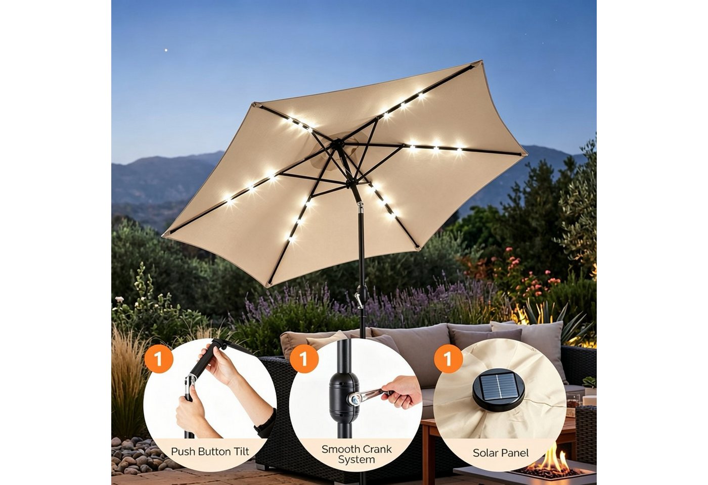 ibettertec Sonnenschirm Stabiler Marktschirm mit LED-Lichtern für Garten, Terrasse und Balkon, 9 ft,6 Rippen,Garten, Hinterhof & Pool,Outdoor Tischschirm – Bild 4 von 5