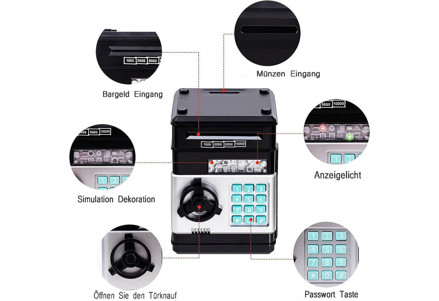ibettertec Spardose Spardose Kinder,Elektronisches Spardose Safe für Kinder Tresor, (Geldbank mit Passwort, Coole Mini-Geldautomaten-Sparschwein, Münzdose, Auto – Bild 2 von 5