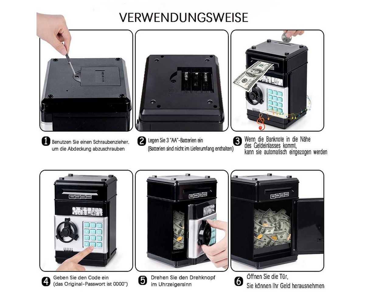 ibettertec Spardose Spardose Kinder,Elektronisches Spardose Safe für Kinder Tresor, (Geldbank mit Passwort, Coole Mini-Geldautomaten-Sparschwein, Münzdose, Auto – Bild 3 von 5