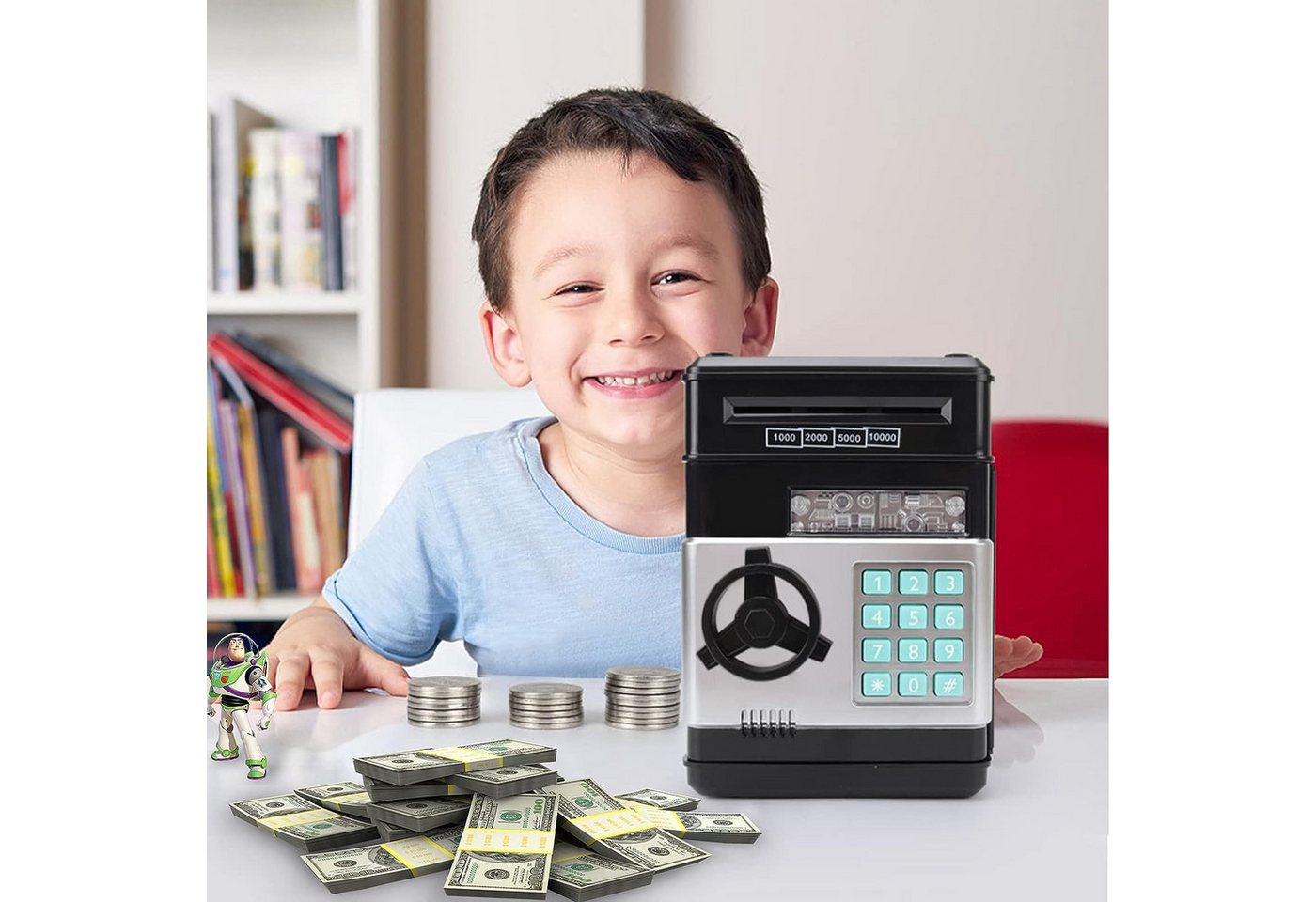 ibettertec Spardose Spardose Kinder,Elektronisches Spardose Safe für Kinder Tresor, (Geldbank mit Passwort, Coole Mini-Geldautomaten-Sparschwein, Münzdose, Auto – Bild 4 von 5