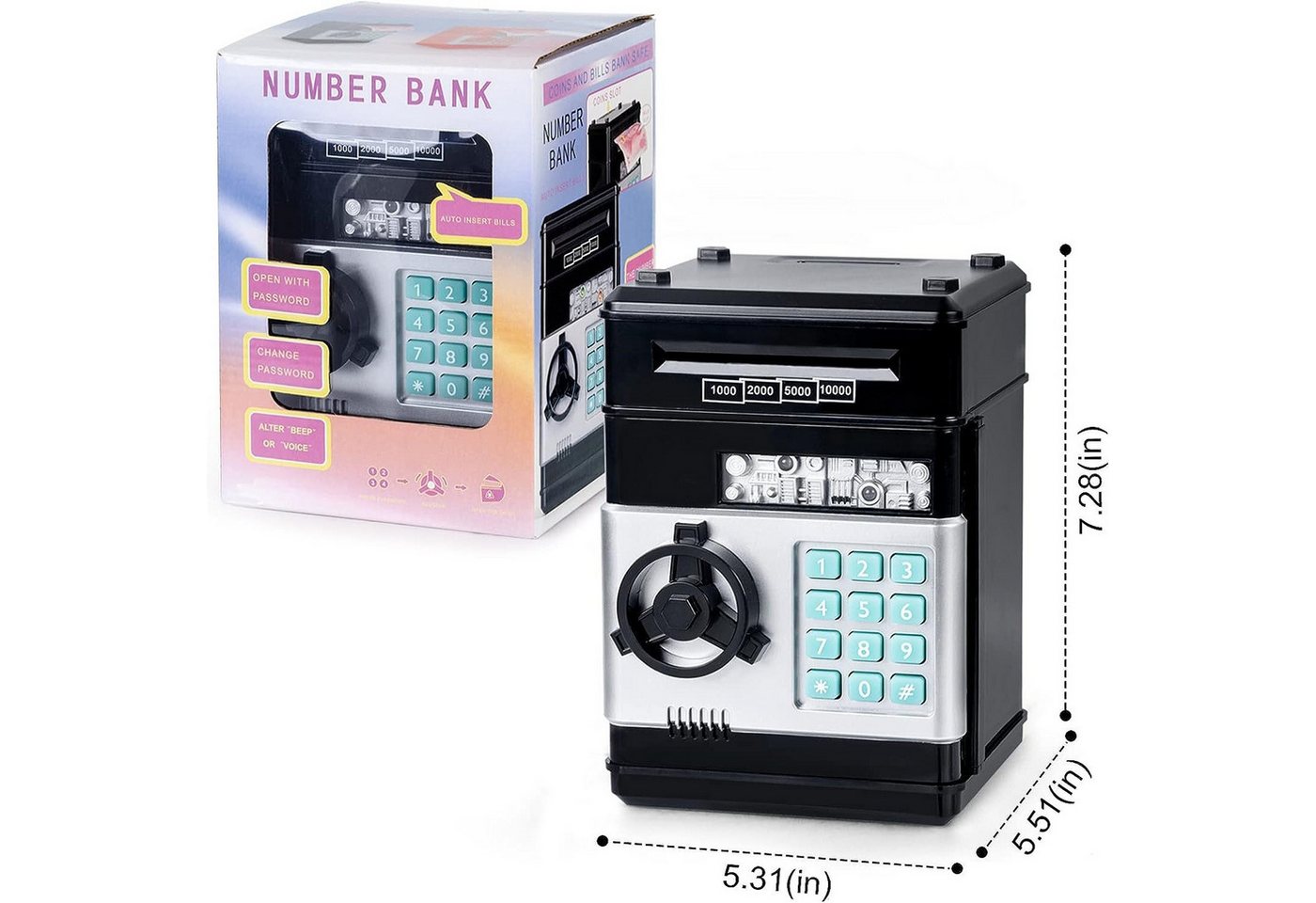 ibettertec Spardose Spardose Kinder,Elektronisches Spardose Safe für Kinder Tresor, (Geldbank mit Passwort, Coole Mini-Geldautomaten-Sparschwein, Münzdose, Auto – Bild 5 von 5