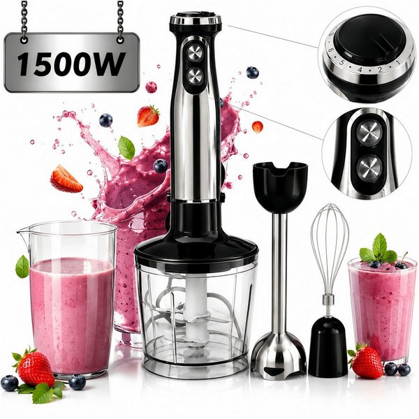 ibettertec Stabmixer 5-in-1 mixer Set,Edelstahl Pürierstab mit stufenloser Geschwindigkeit, 1500 W, Handmixer,Zerkleinerer, Schneebesen, Milchaufschäumer und Me