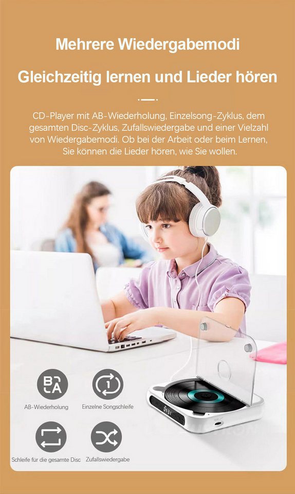 ibettertec Tragbarer CD-Player mit Bluetooth 5.3,mit externem Verstärker,CD-Musik CD-Player (Bluetooth, Staubschutz,Kopfhörerbuchse für Geschenk,Zuhause) – Bild 5 von 5