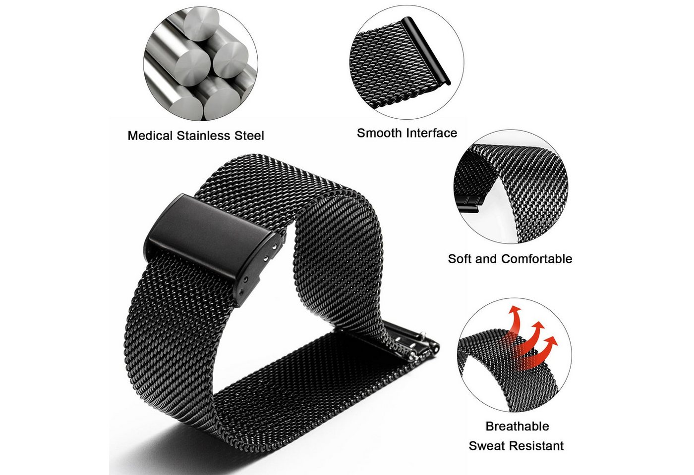 ibettertec Uhrenarmband Uhrenarmband, Ersatz Edelstahl Metallgitterband, Watch Uhren Ersatzband Für Damen Herren 22 mm – Bild 4 von 5